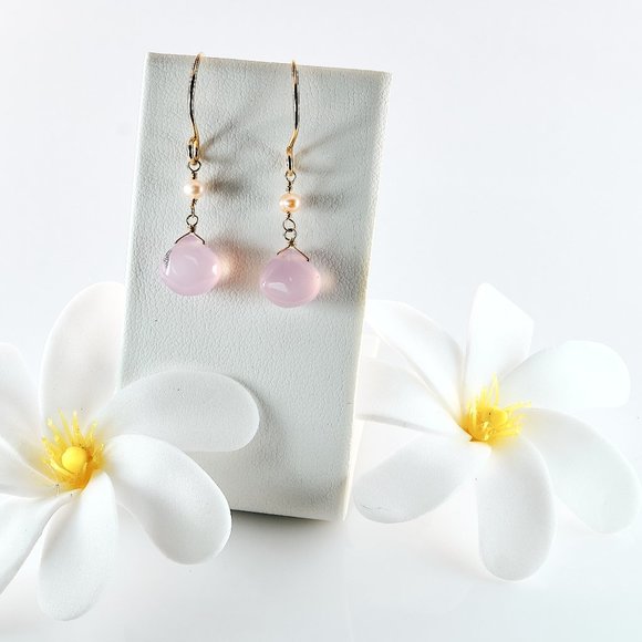 Pink Chalcedony & Pearl Earrings, 14K Gold Filled Gemstone Earrings - Picture 8 of 13